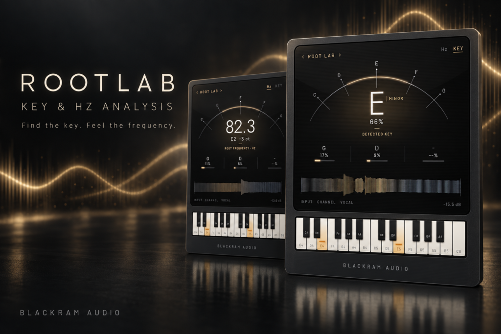 ROOTLAB key finder plugin showing KEY and HZ analysis views by BLACKRAM AUDIO